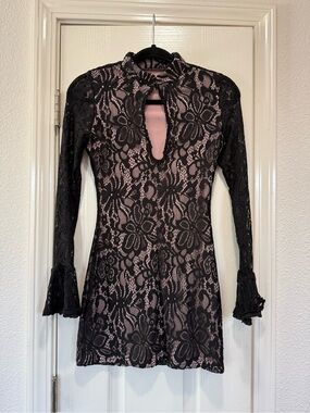 Black Lace Overlay Mini Dress with Blush Lining XS